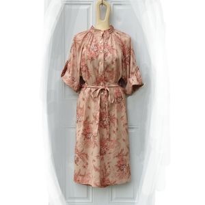 Vintage 1970's Tan Beige Floral Rose Button Front Tie Waist Dress with Belt